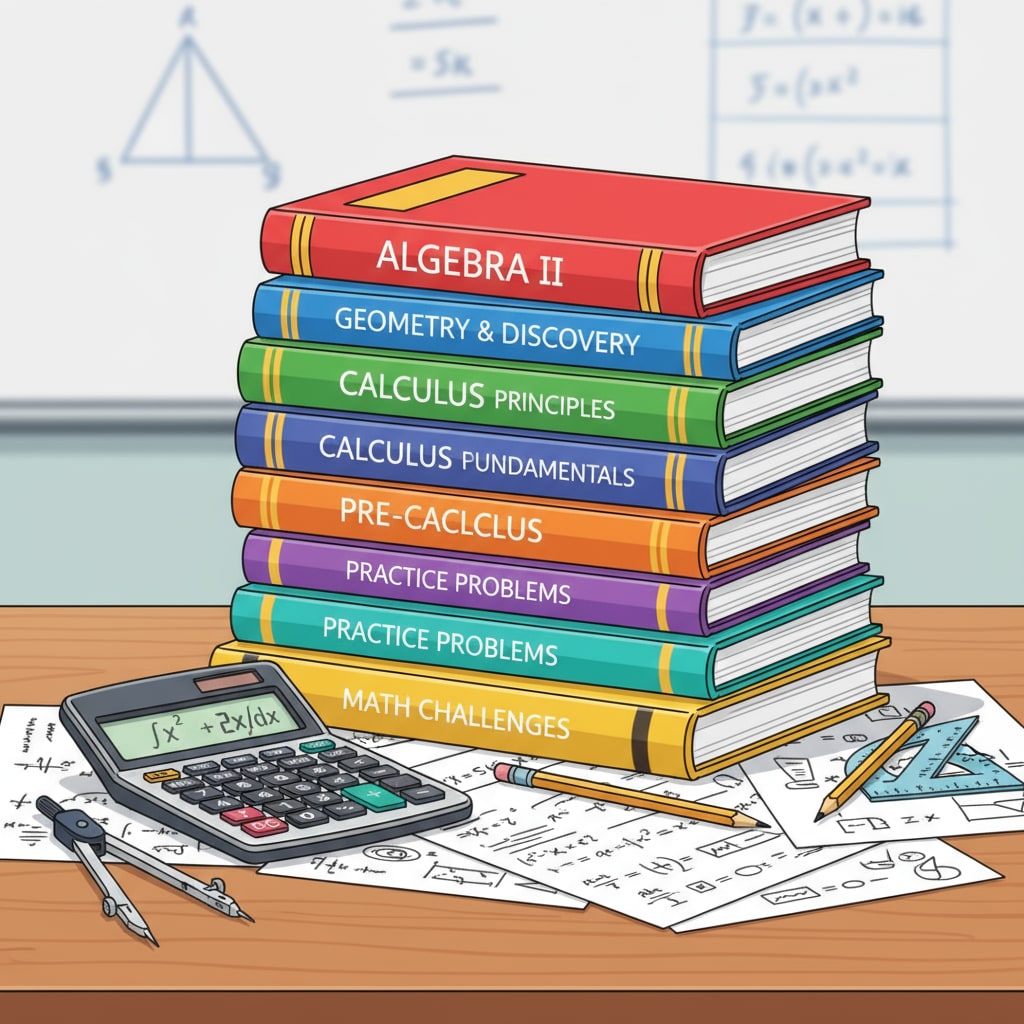 Stack of high school math textbooks and workbooks for learning
