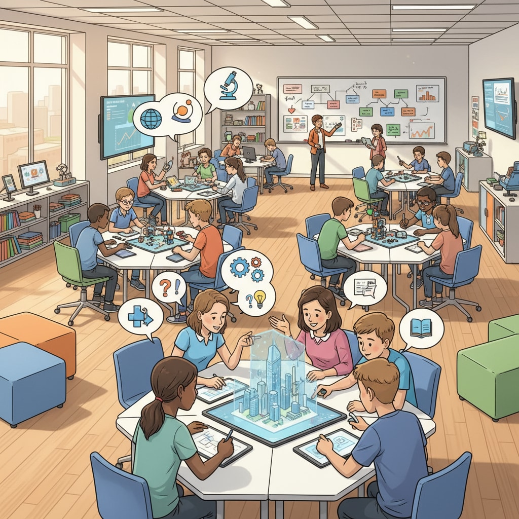 Teenagers collaborating in an open educational space designed by architectural innovation