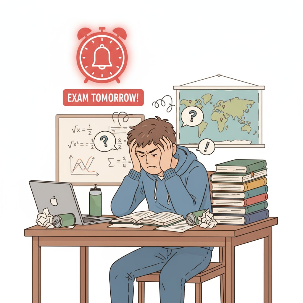 A stressed K12 student attempting last-minute exam cramming due to inadequate preparation