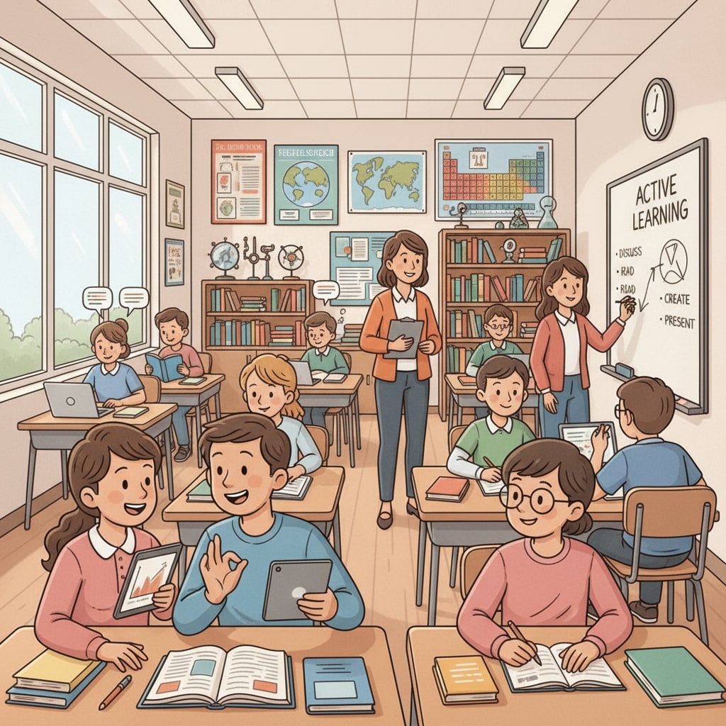 Classroom scene depicting students' engagement in activities related to cognitive abilities, deep thinking, and memory retrieval