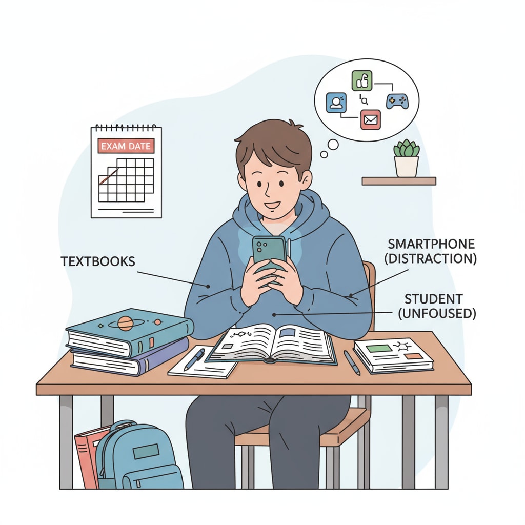 A student facing digital distractions while trying to study, related to cognitive abilities, deep thinking, and memory retrieval