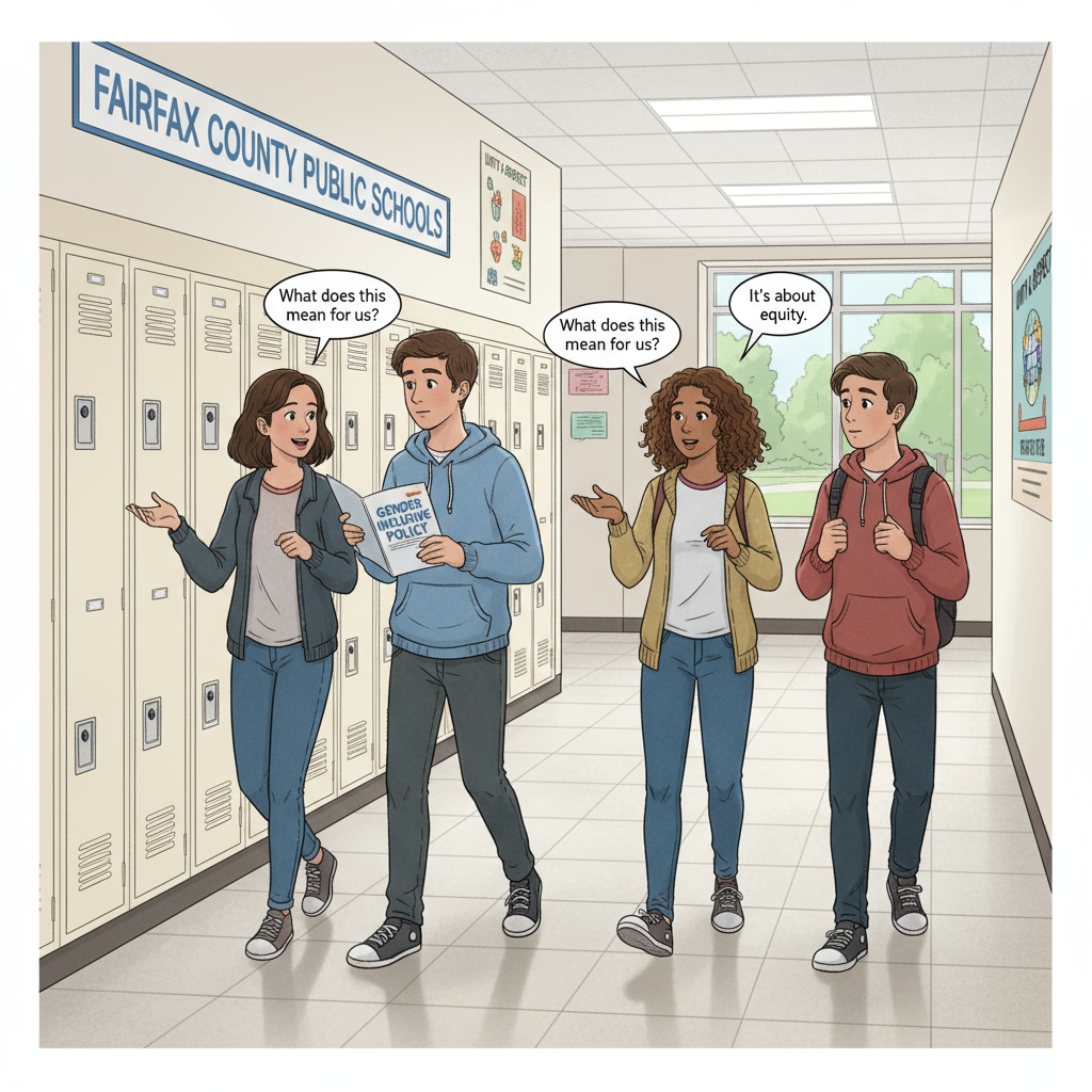 Students in Fairfax County school discussing gender policy near restrooms