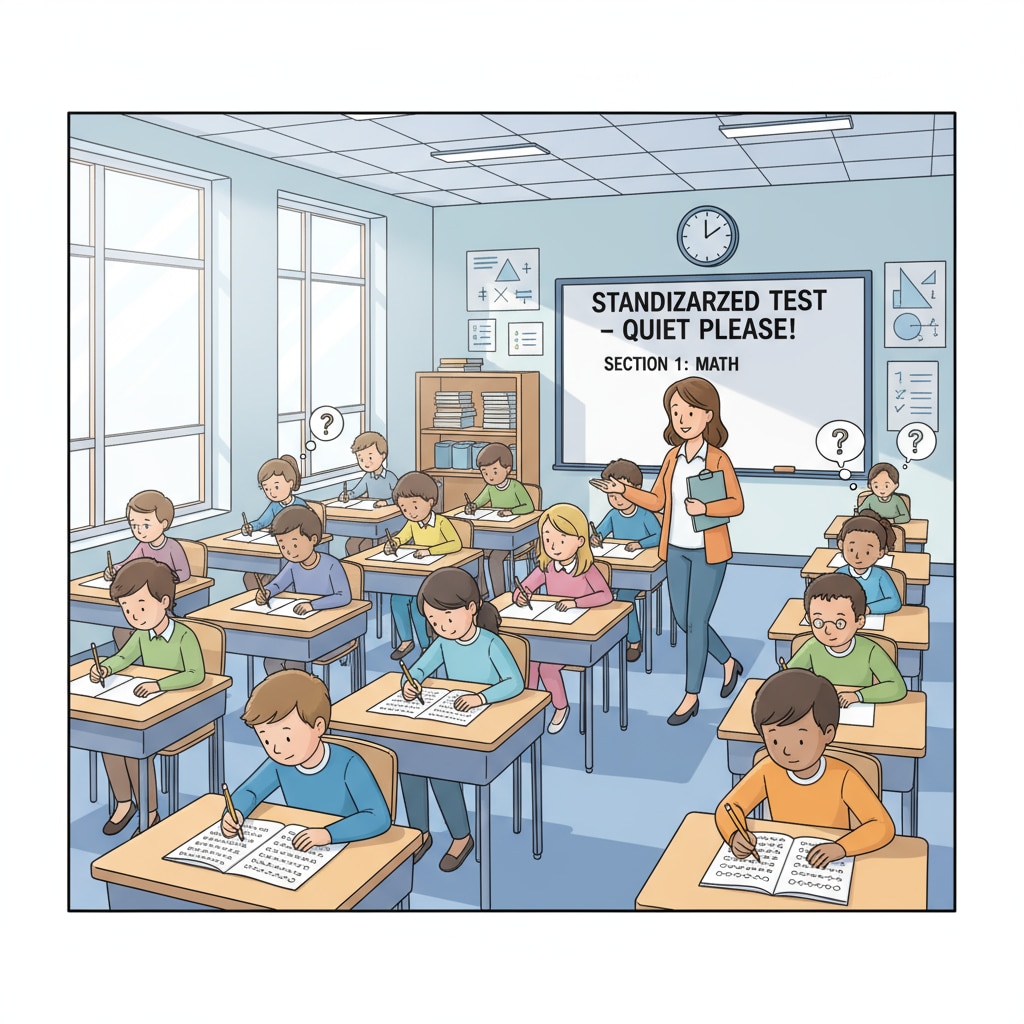 Students taking a standardized test, highlighting the limitations of standardized tests in relation to memory and critical thinking in the assessment system.