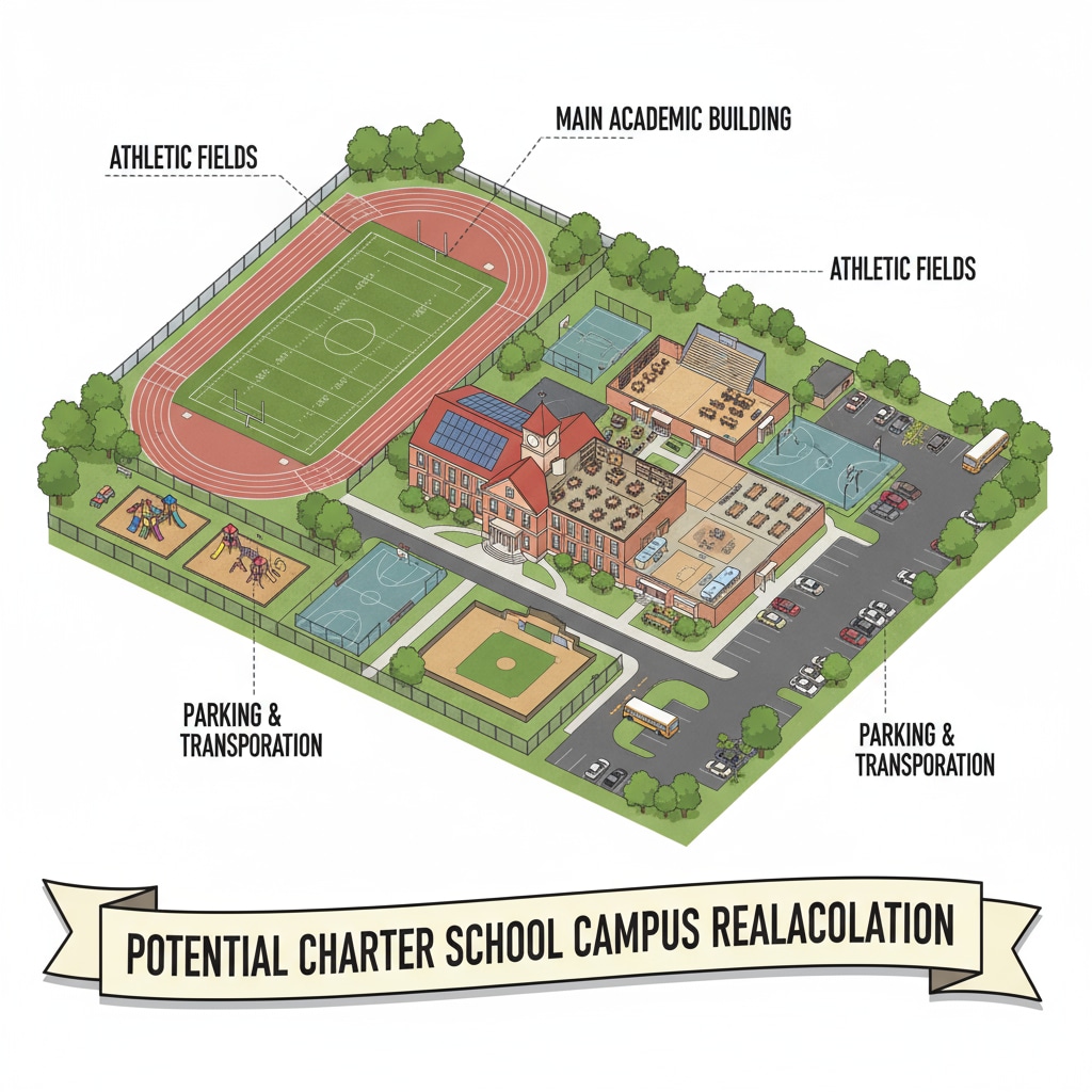 Aerial view of a public school building relevant to school district, public school, charter school, resource allocation