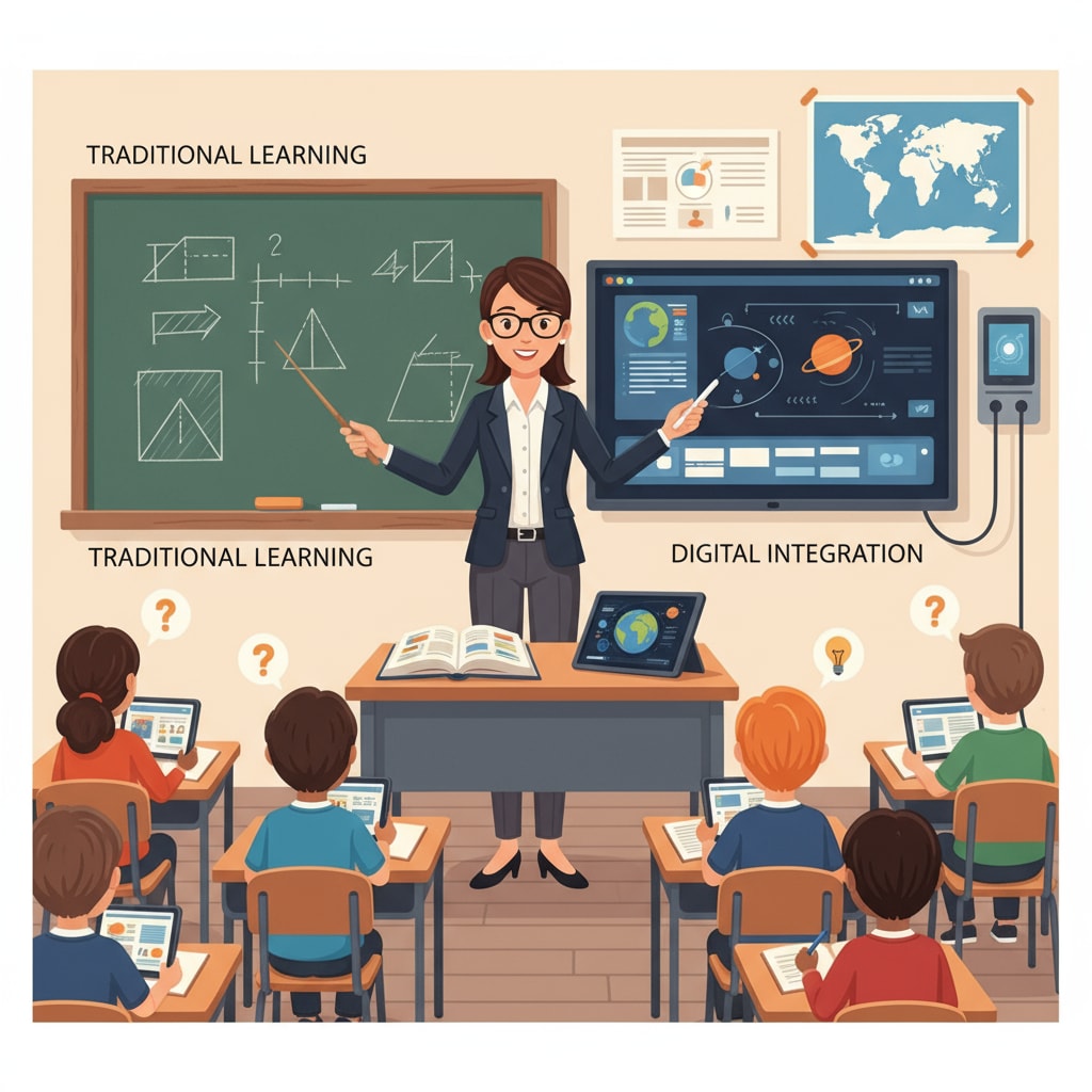 A visual representation of the modern educational environment with a teacher, traditional materials, and AI-related digital device in student teaching, lesson planning, and teaching skills context