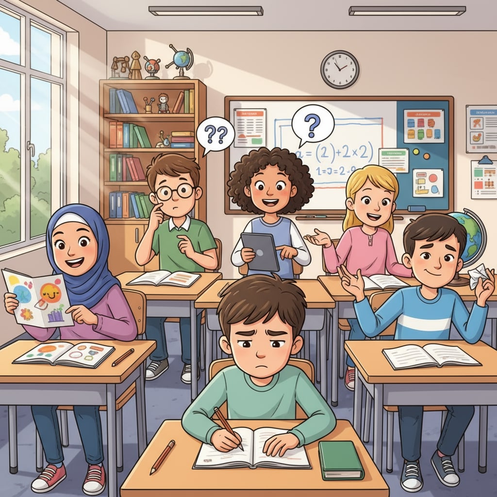 Students with different expressions emphasizing the uniqueness in a classroom relevant to student teaching, lesson planning, and teaching skills
