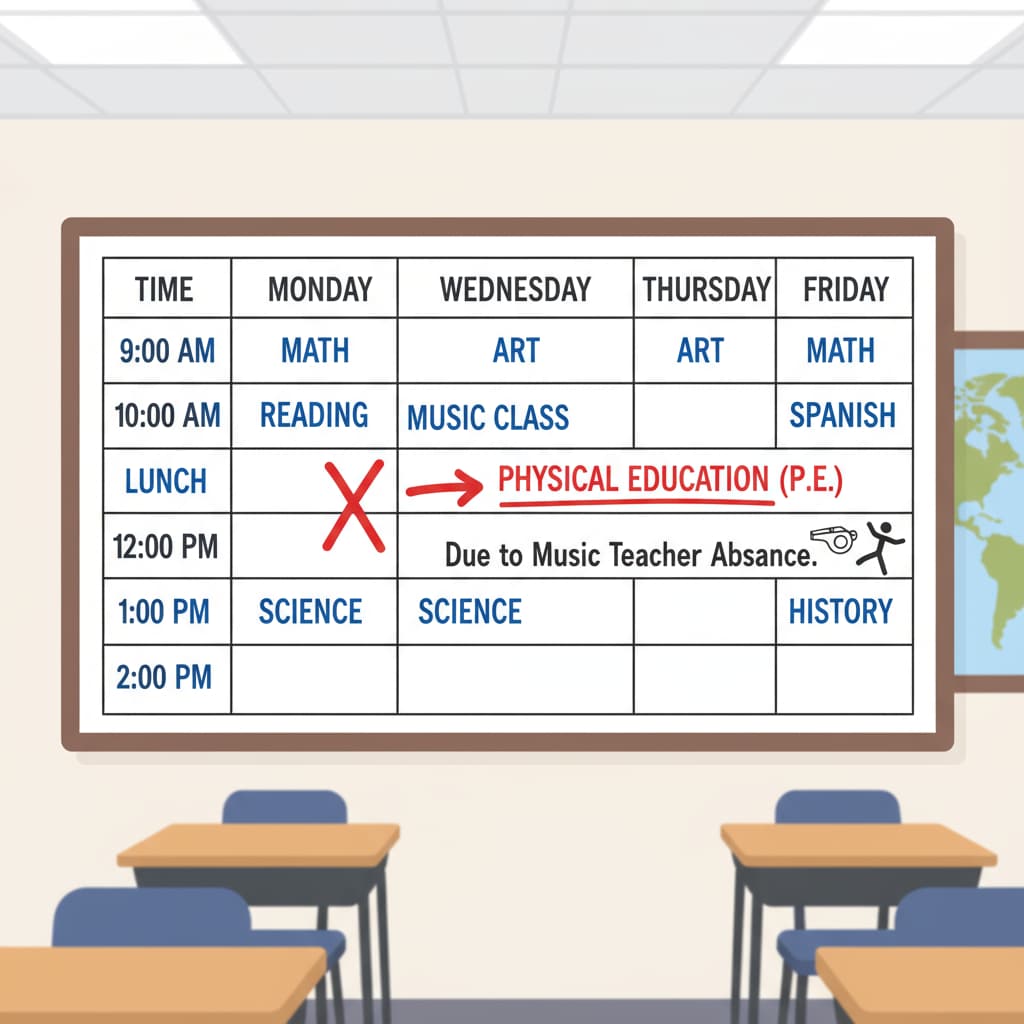 A classroom schedule board showing a music class being replaced by a PE class due to teacher absence, related to special subject teachers, curriculum substitution, physical education classes, and educational resources