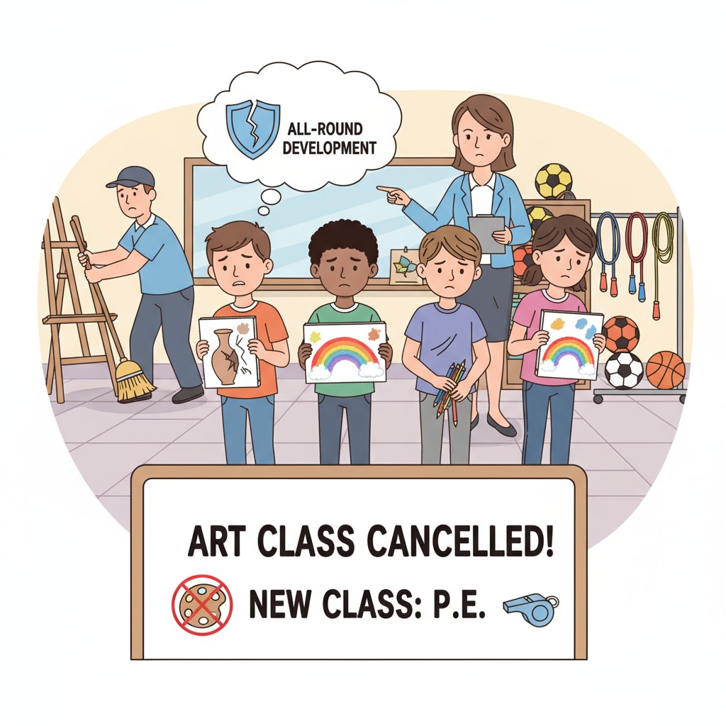 A group of students looking disappointed as their art class is changed to a PE class, associated with special subject teachers, curriculum substitution, physical education classes, and educational resources