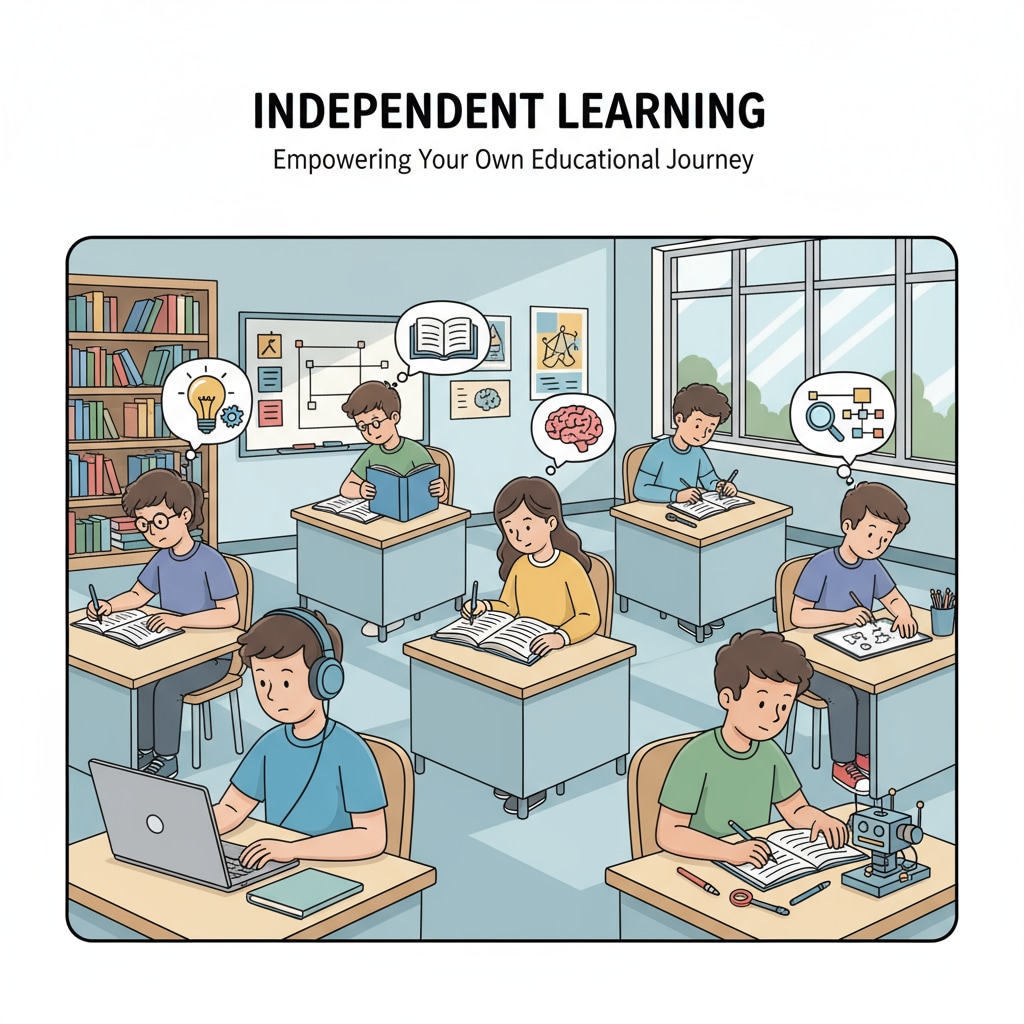Students engaged in independent learning, showing learning independence away from social interaction.