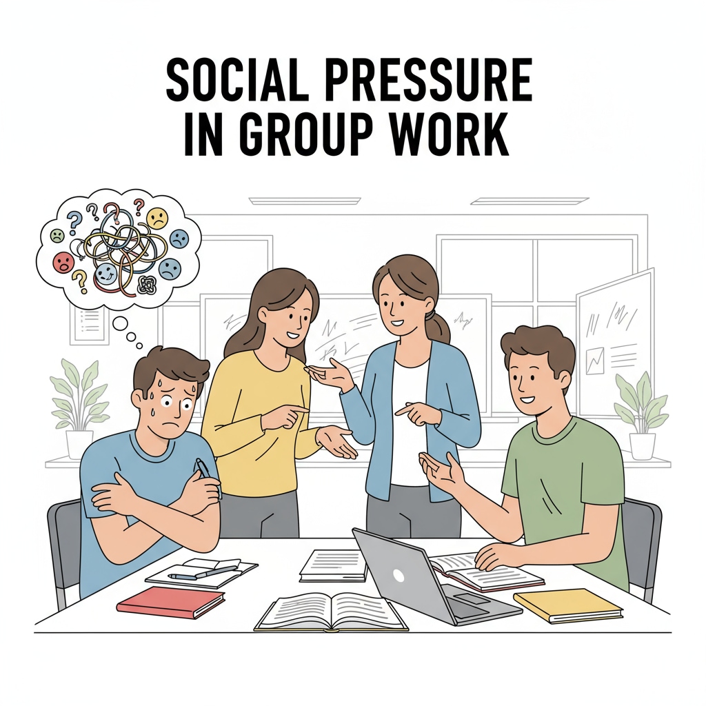 A student under social pressure during a group activity, related to the conflict between learning independence and social interaction.