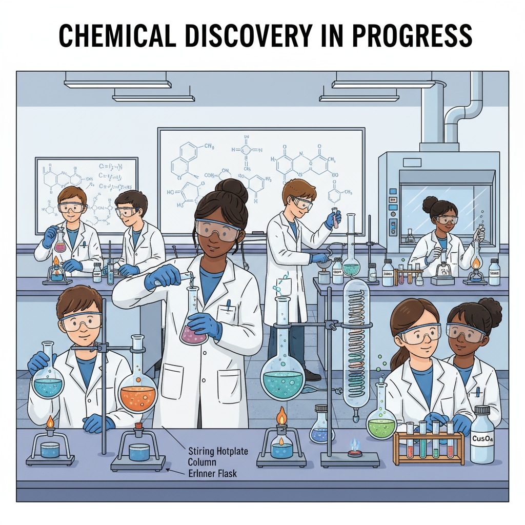 High school students conducting chemical research experiments in a laboratory to overcome topic selection difficulties