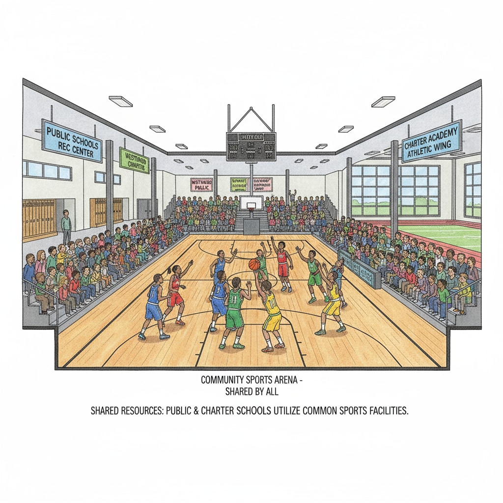 Students from public and charter schools competing in a sports event amidst school choice, sports facilities, and public school competition