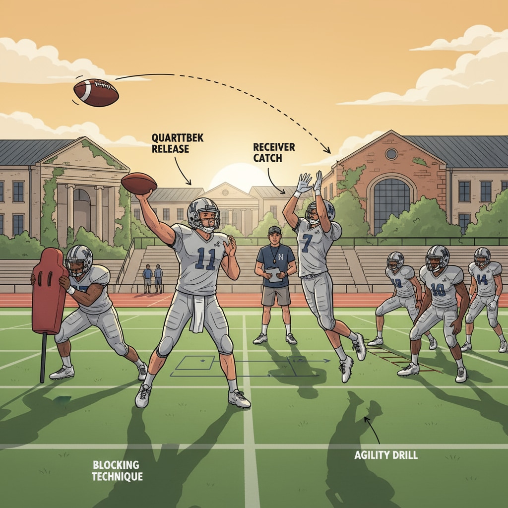 University football athletes training as part of the athletic recruitment process with academic requirements in mind