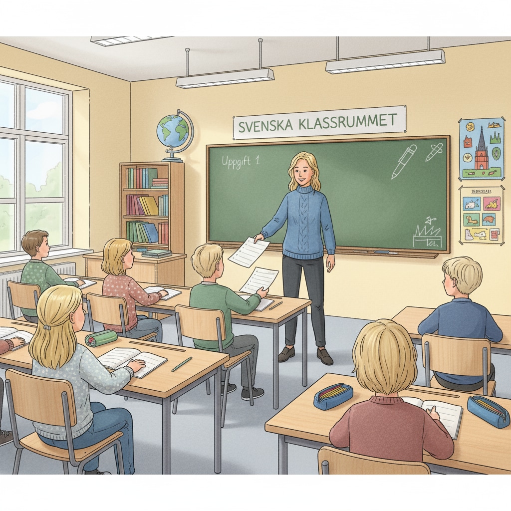 A Swedish teacher distributing pen-and-paper worksheets in the classroom