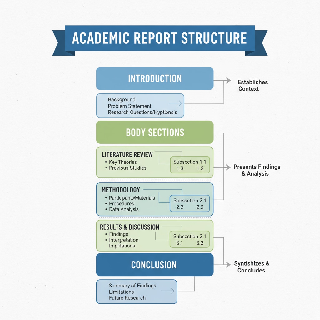 Visual guide to the structure of an academic report related to report writing, exam grading, and academic writing skills