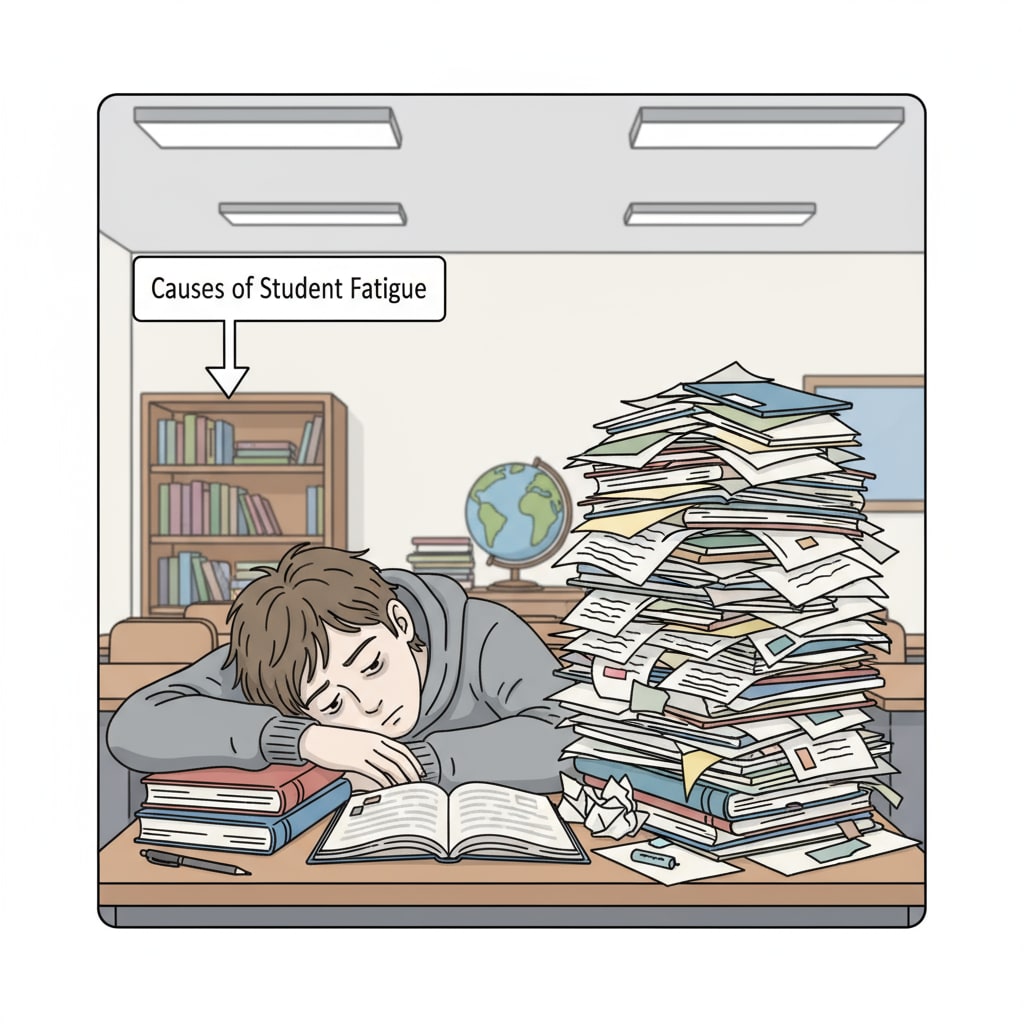 An exhausted student facing a large amount of homework