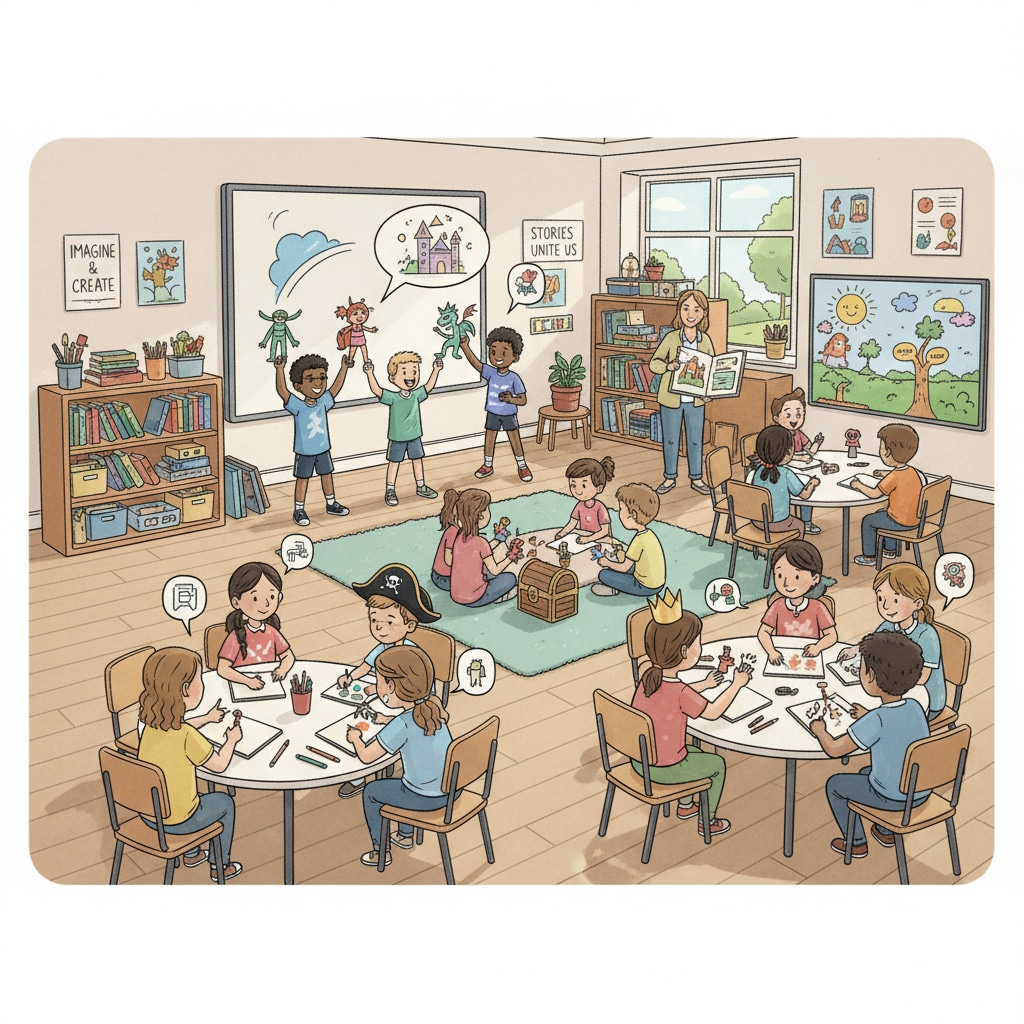 A classroom filled with students actively participating in storytelling activities, with an interactive and engaging atmosphere. Storytelling activities in a K12 classroom related to identity transformation and Blueprint Decoded