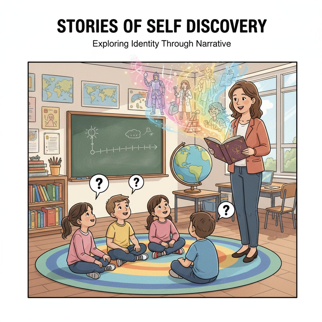 A scene where students are sitting attentively, listening to a teacher sharing an interesting story that helps with identity exploration. Students listening to a story for identity discovery in K12 education, related to Blueprint Decoded