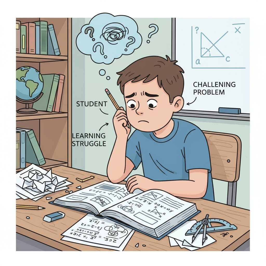 A single student is sitting at a desk, looking perplexed as they attempt to solve a challenging math problem, indicating learning difficulties. A student with learning difficulties in university mathematics