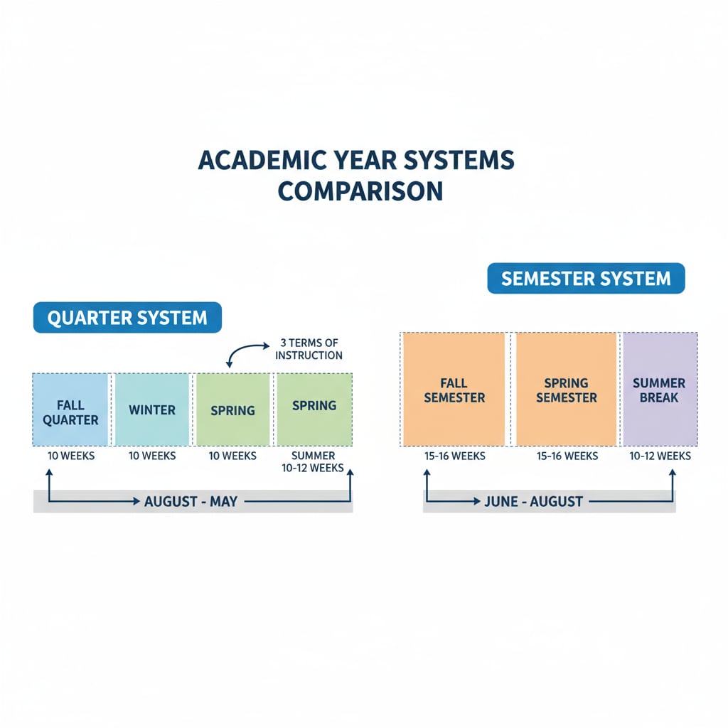 A visual timeline comparing the length and structure of the quarter system and the semester system, showing how the academic year is divided in each. Visual comparison of quarter system and semester system timeline for understanding attention allocation and course burden differences