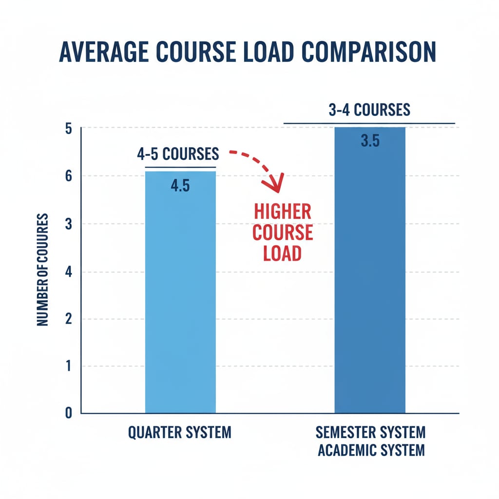A bar graph comparing the number of courses students typically take in the quarter system and the semester system, highlighting the difference in course load. Graph showing the difference in course load between quarter system and semester system related to attention allocation