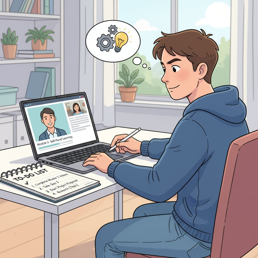 A student demonstrating self-motivation while taking an online course relevant to online degrees, self-motivation, and FOMO