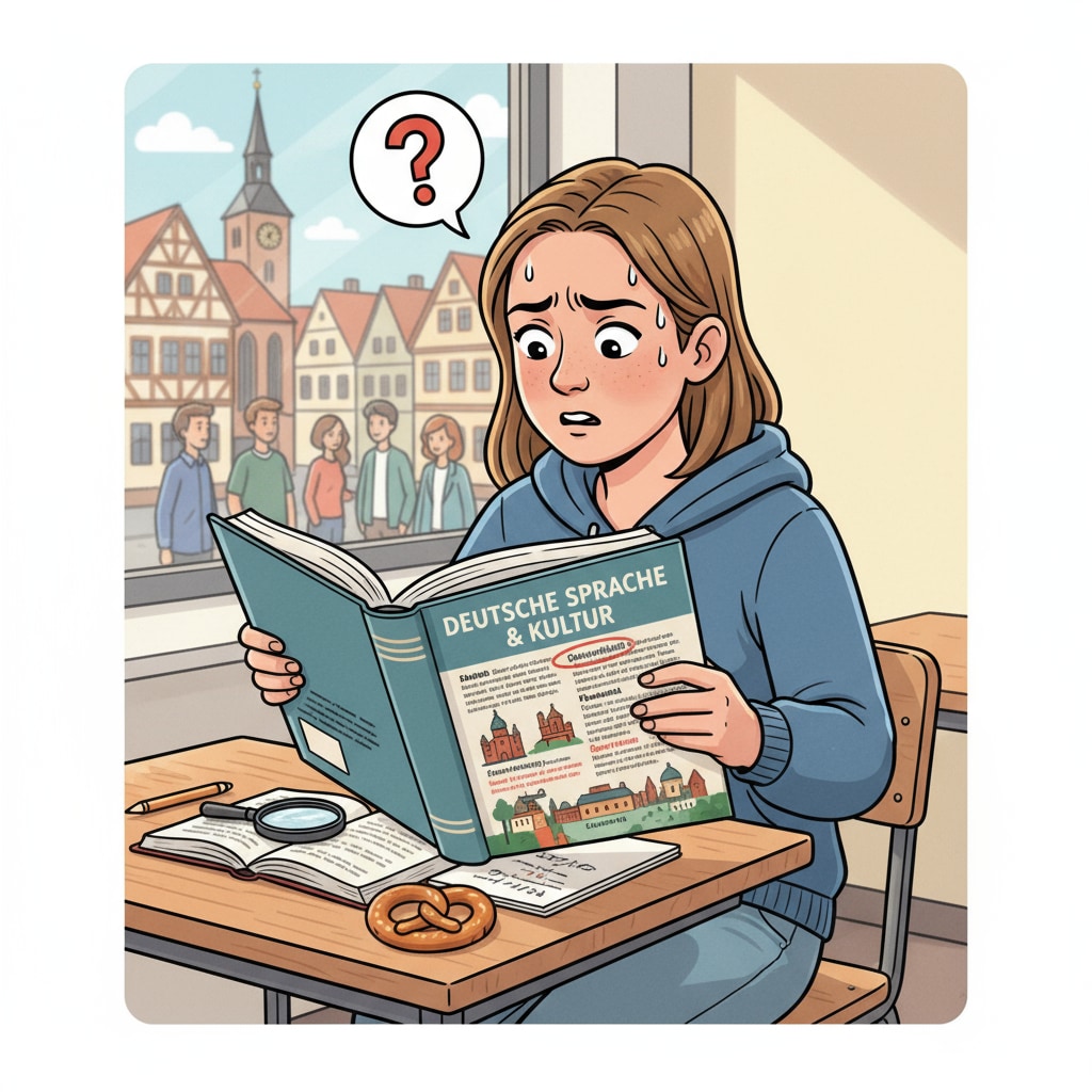 K12 student encountering language challenges while studying a German textbook during their study abroad in Germany