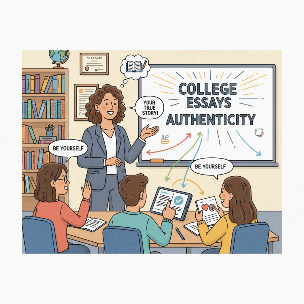 A classroom scene of a teacher discussing college application personal statements with students, relevant to AI detection in college admissions