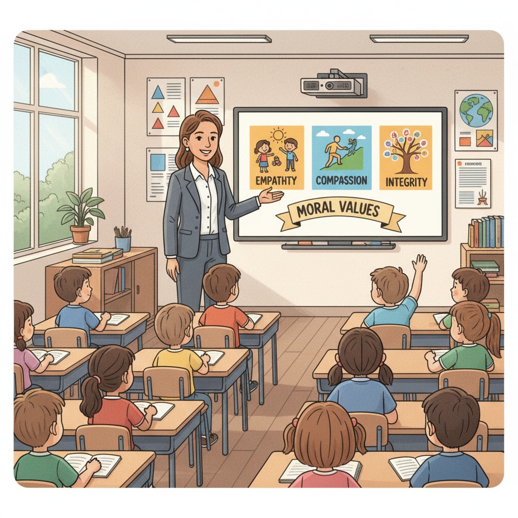 A K12 teacher educating students on moral values as part of the potential compulsory ethics curriculum in educational reform.