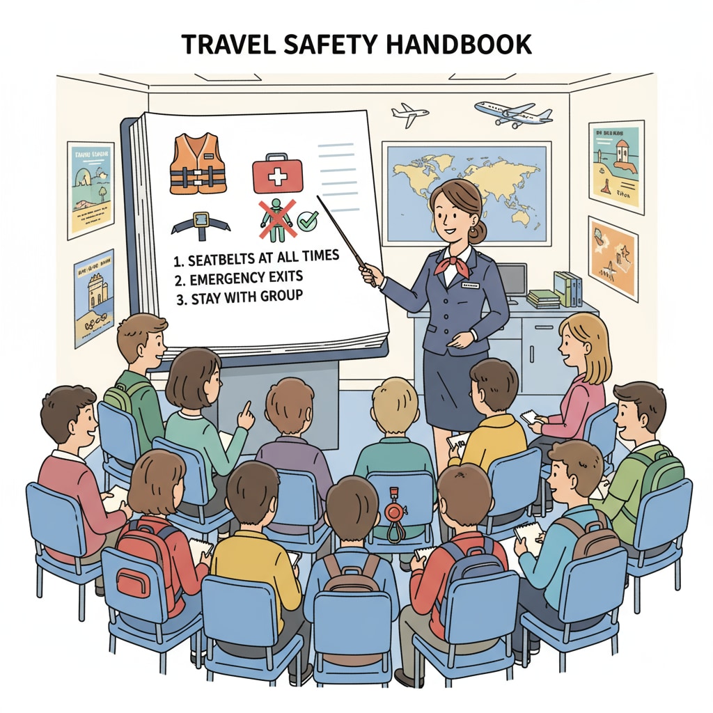 Travel agency staff explaining safety rules to K12 students during an overseas school trip