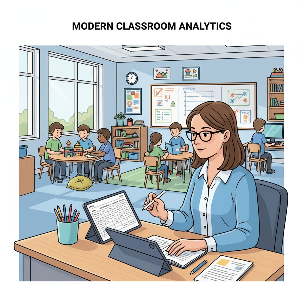 A teacher using a digital device to record student data in a K12 classroom, highlighting the aspect of data documentation in the context of data documentation, micromanagement, and teaching autonomy.