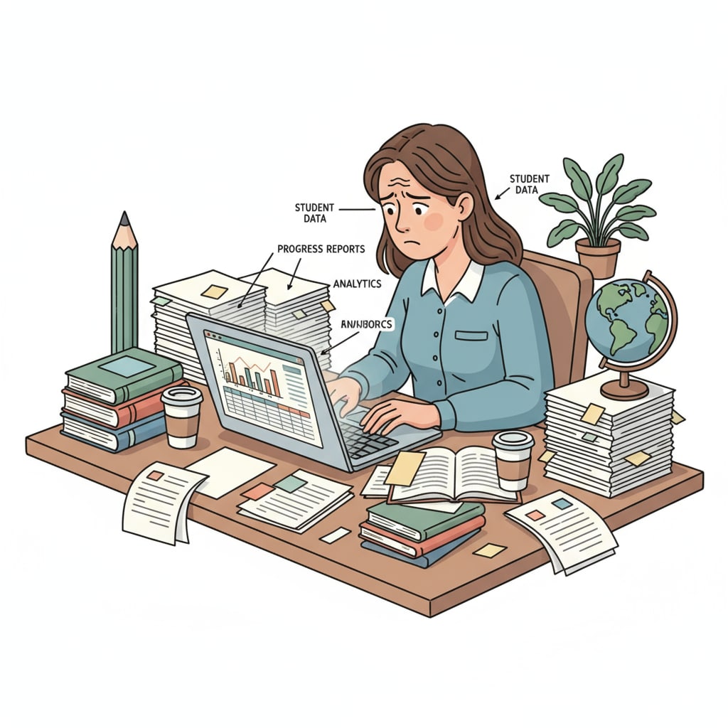 A stressed teacher documenting data, demonstrating the burden of data documentation within the framework of data documentation, micromanagement, and teaching autonomy.