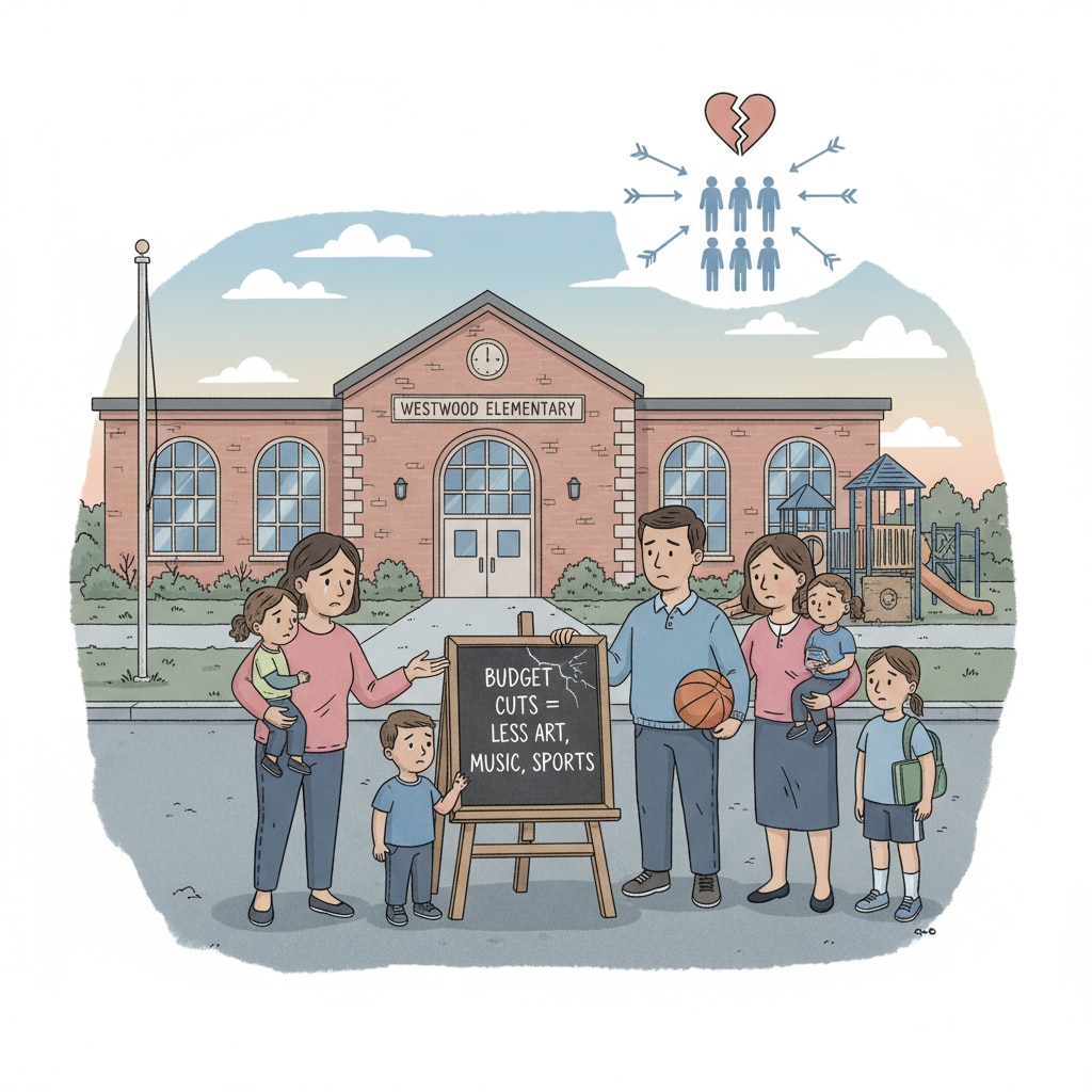 Sad parents and children outside public school affected by resource allocation