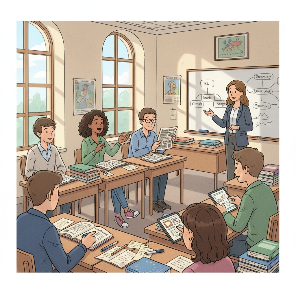Classroom discussion on political topics in a European school related to political science, European universities, and institution selection