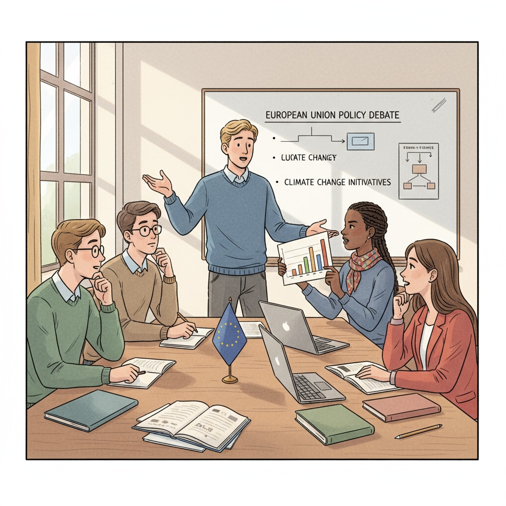 European students in a mock political debate relevant to political science, European universities, and institution selection