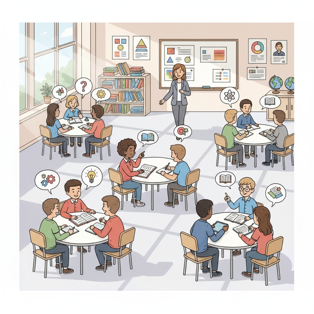 A classroom scene where students are sitting in groups, discussing and sharing ideas about a subject. Group learning in a K12 classroom setting enhancing learning effectiveness