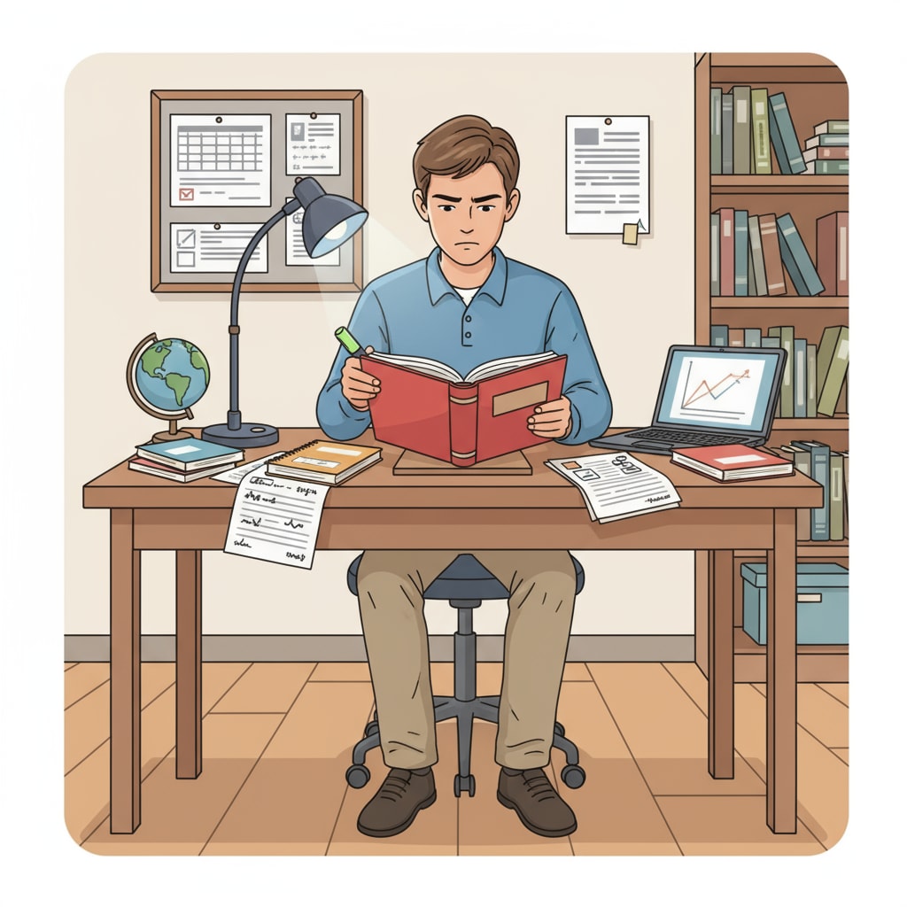 A solitary student is seated at a desk, concentrating on a book, with study materials neatly arranged. Individual learning by a student in a K12 context for better learning outcomes