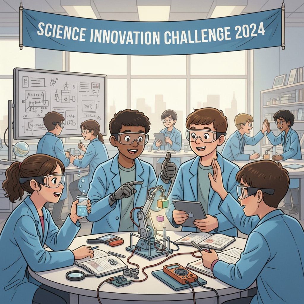 A group of students participating in a science competition, showing their enthusiasm and teamwork Students in a science competition related to STEM college extracurriculars and volunteer services