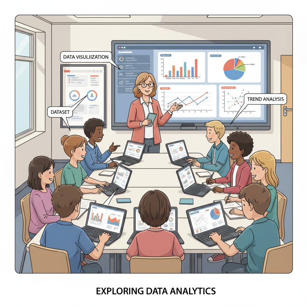 Students are sitting in a classroom, using digital devices to learn data analysis. There are graphs and charts on the screens, indicating their learning of data - related concepts. Students learning data analysis with free online resources in a classroom