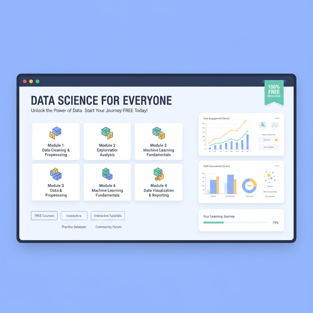 The interface of an online data analysis learning platform shows various courses, interactive elements, and data visualizations, representing the availability of free learning resources. Interface of an online data analysis learning platform with free courses