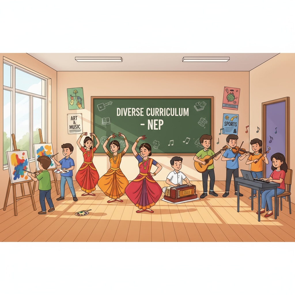 A classroom scene where students are actively participating in various extracurricular activities such as painting, dancing, and playing musical instruments, which reflects the diverse curriculum promoted by NEP. Classroom scene with students engaged in NEP - promoted extracurricular activities