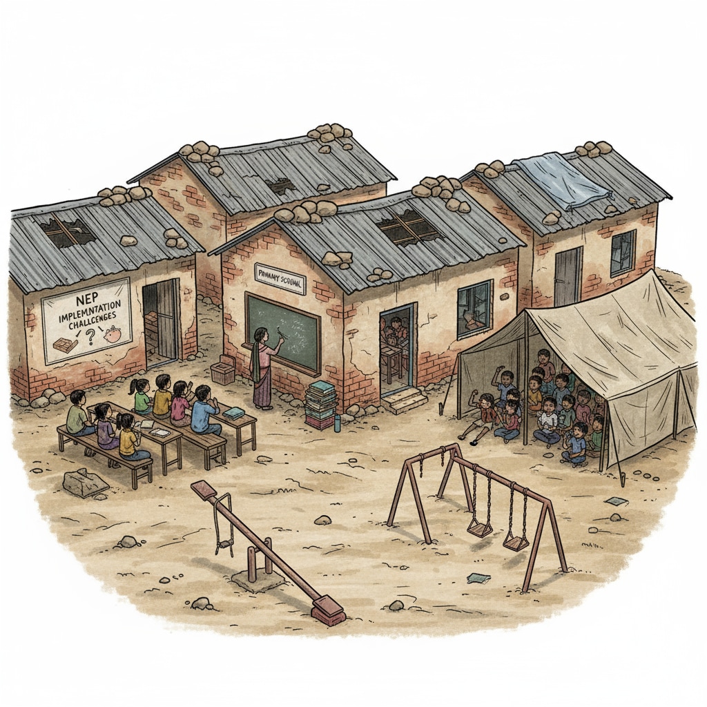 A rural school with dilapidated buildings, limited classrooms, and a lack of modern educational facilities, highlighting the infrastructure challenges in implementing NEP. Rural school with infrastructure challenges for NEP implementation
