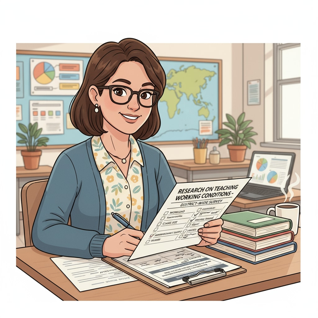 Teacher filling out a questionnaire for teaching working conditions, questionnaire survey, and school district research