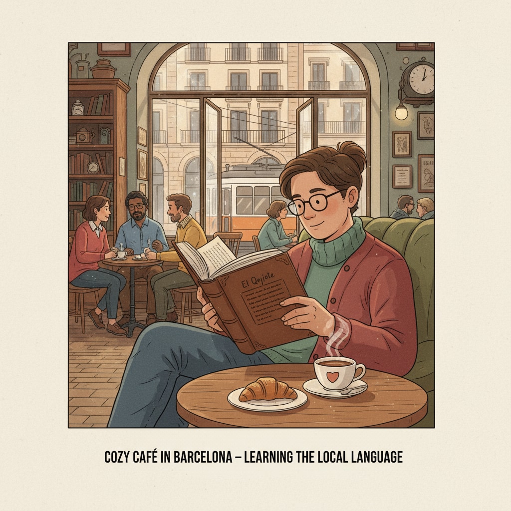 An individual exploring a foreign culture through language learning while in a foreign café.