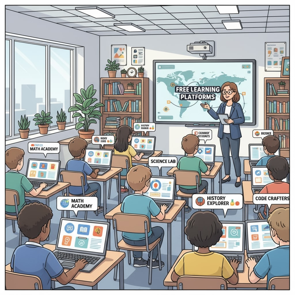 Students accessing free learning platforms in a classroom for enhanced education