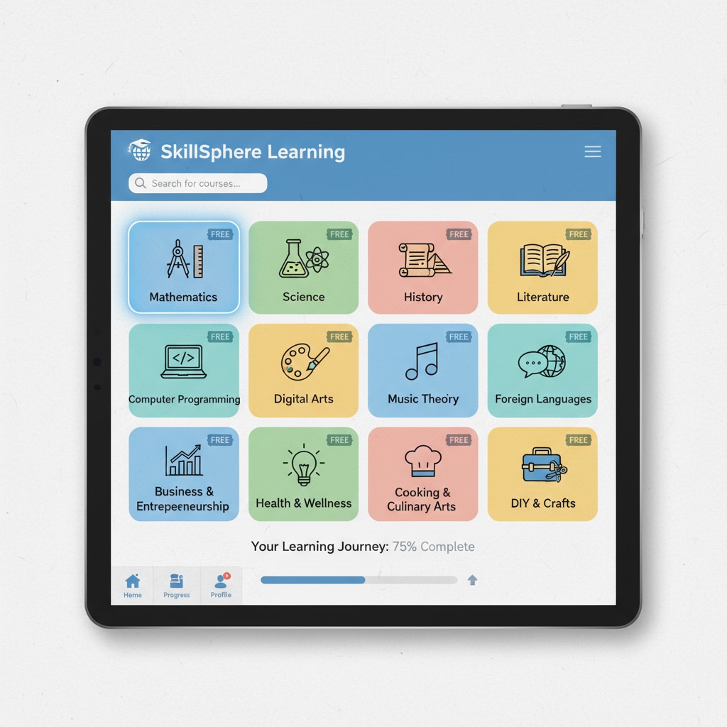 Screenshot of a free learning platform with diverse course options