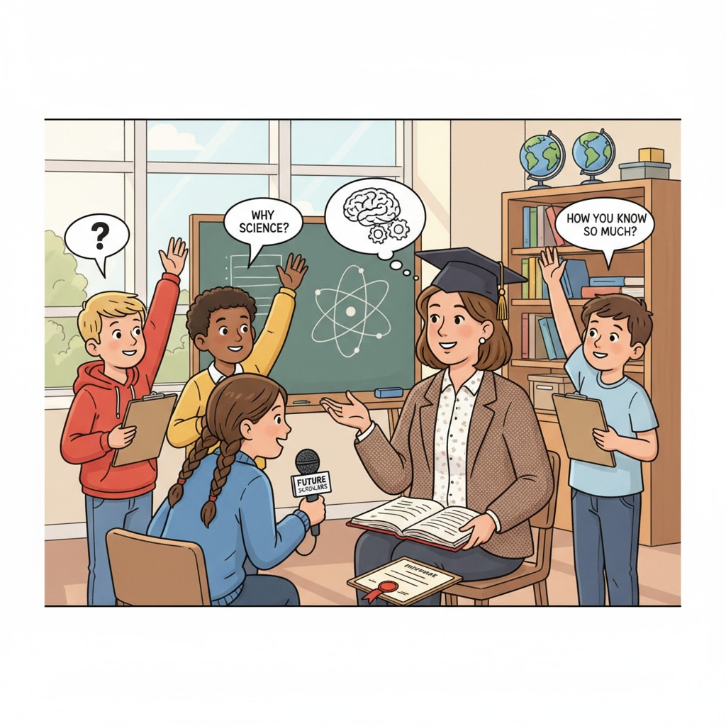 K12 students engaged in an academic interview with a doctorate holder for diversity research