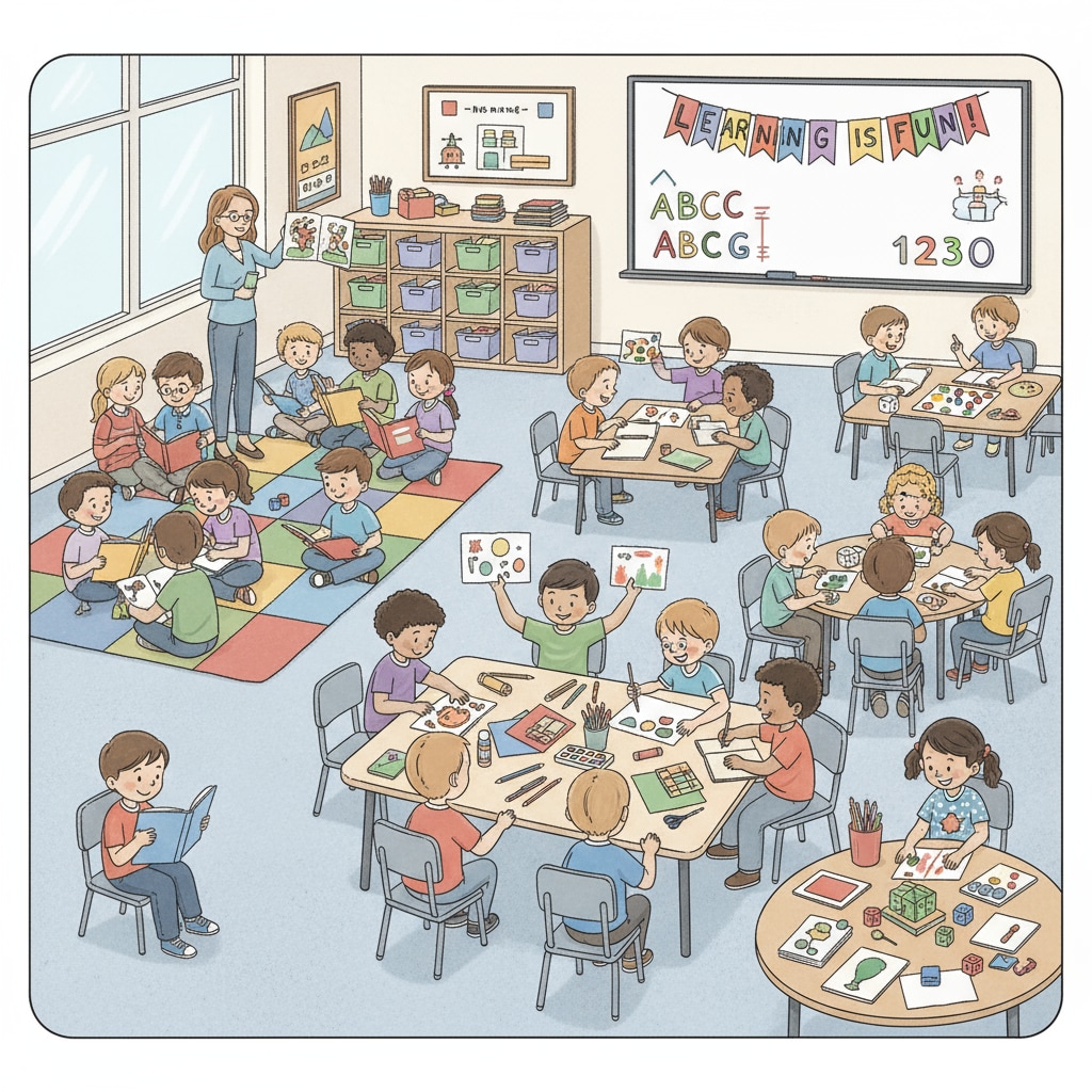 A classroom with students of different levels engaged in learning activities related to resources class teaching strategies