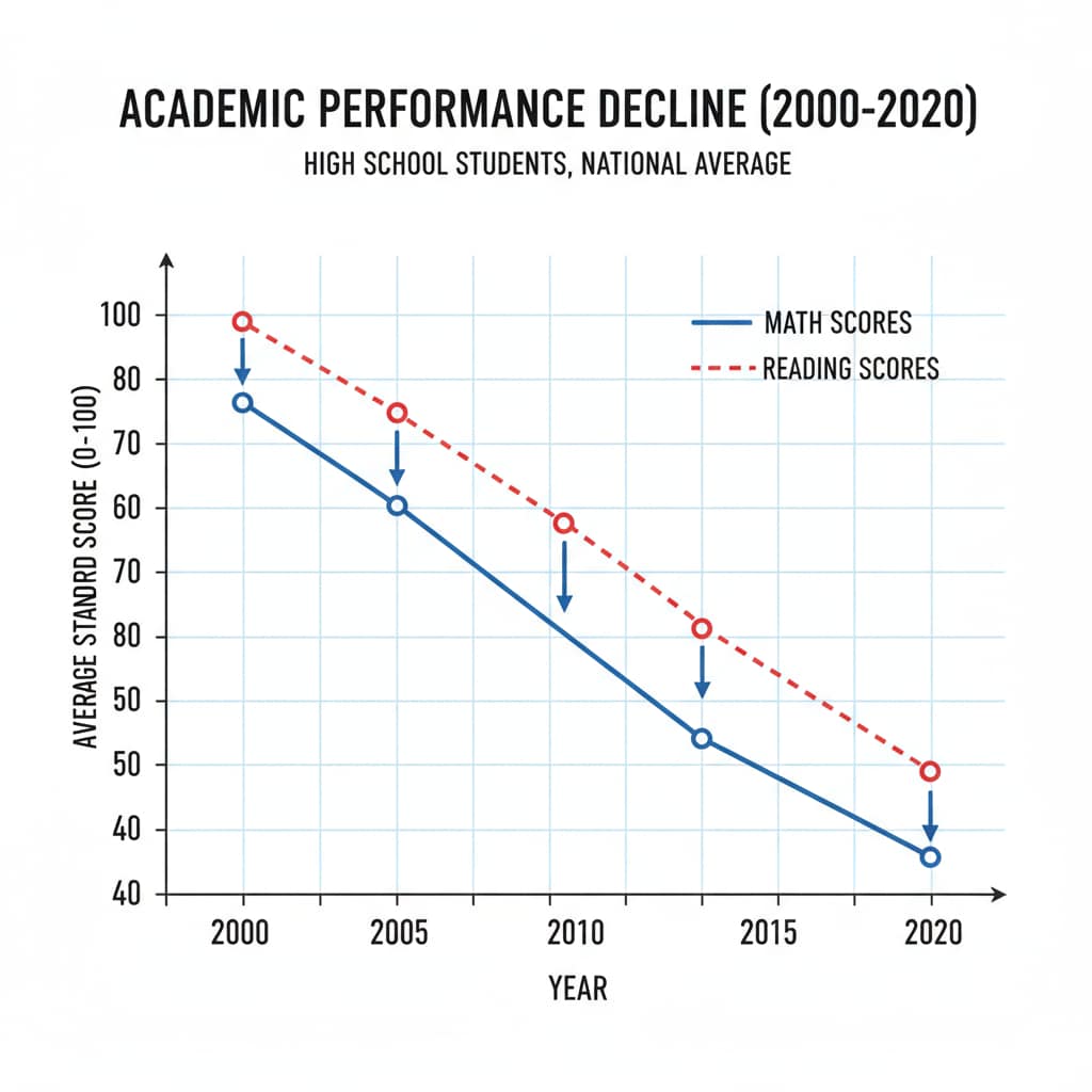 Graph showing the decline of high school students' math and reading scores as per the national assessment report