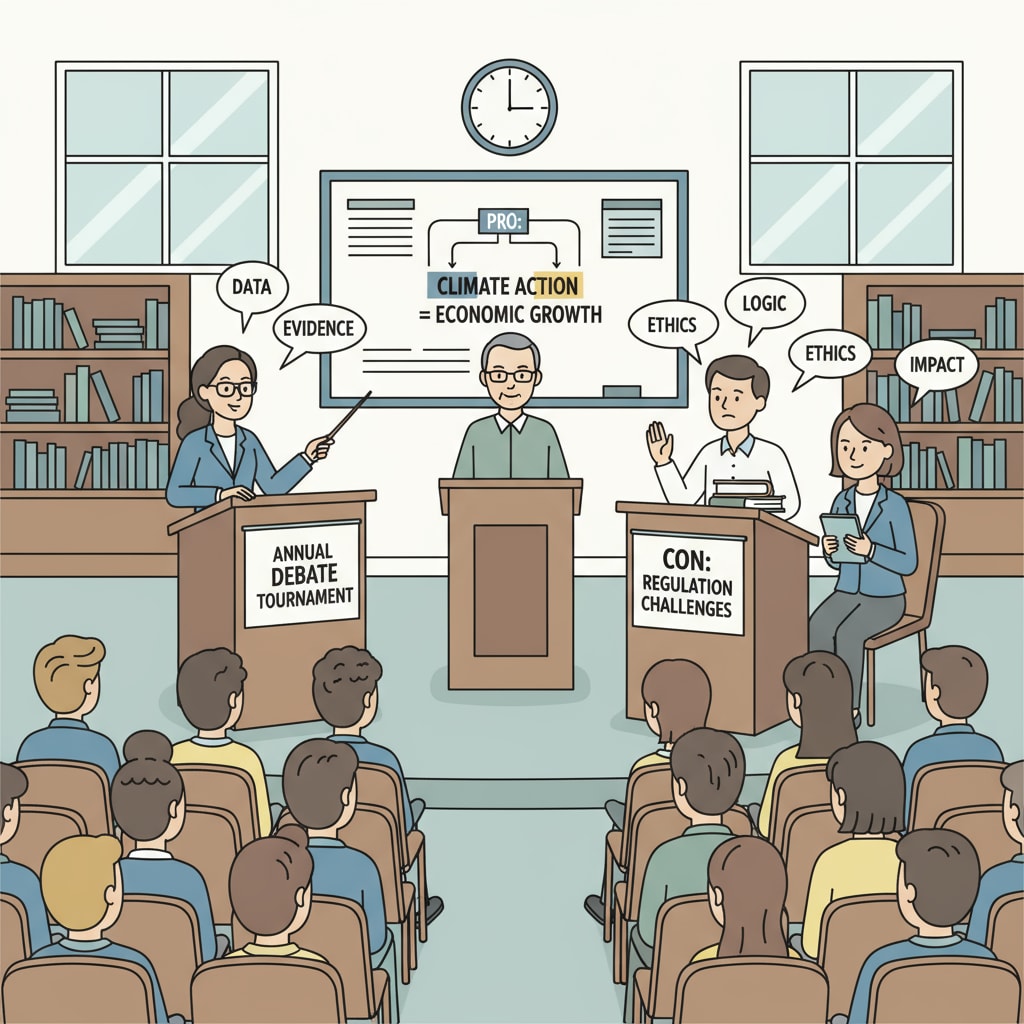 Students participating in a debate competition for international university application preparation